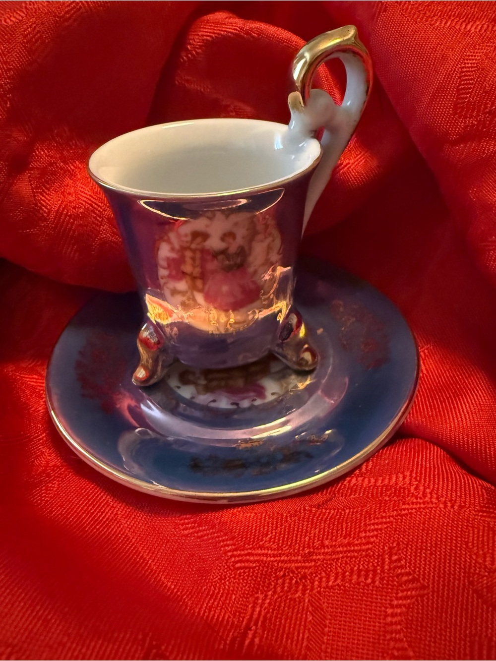 Vintage Porcelain Demitasse Cup and Saucer in Deep Blue with Gold Trim